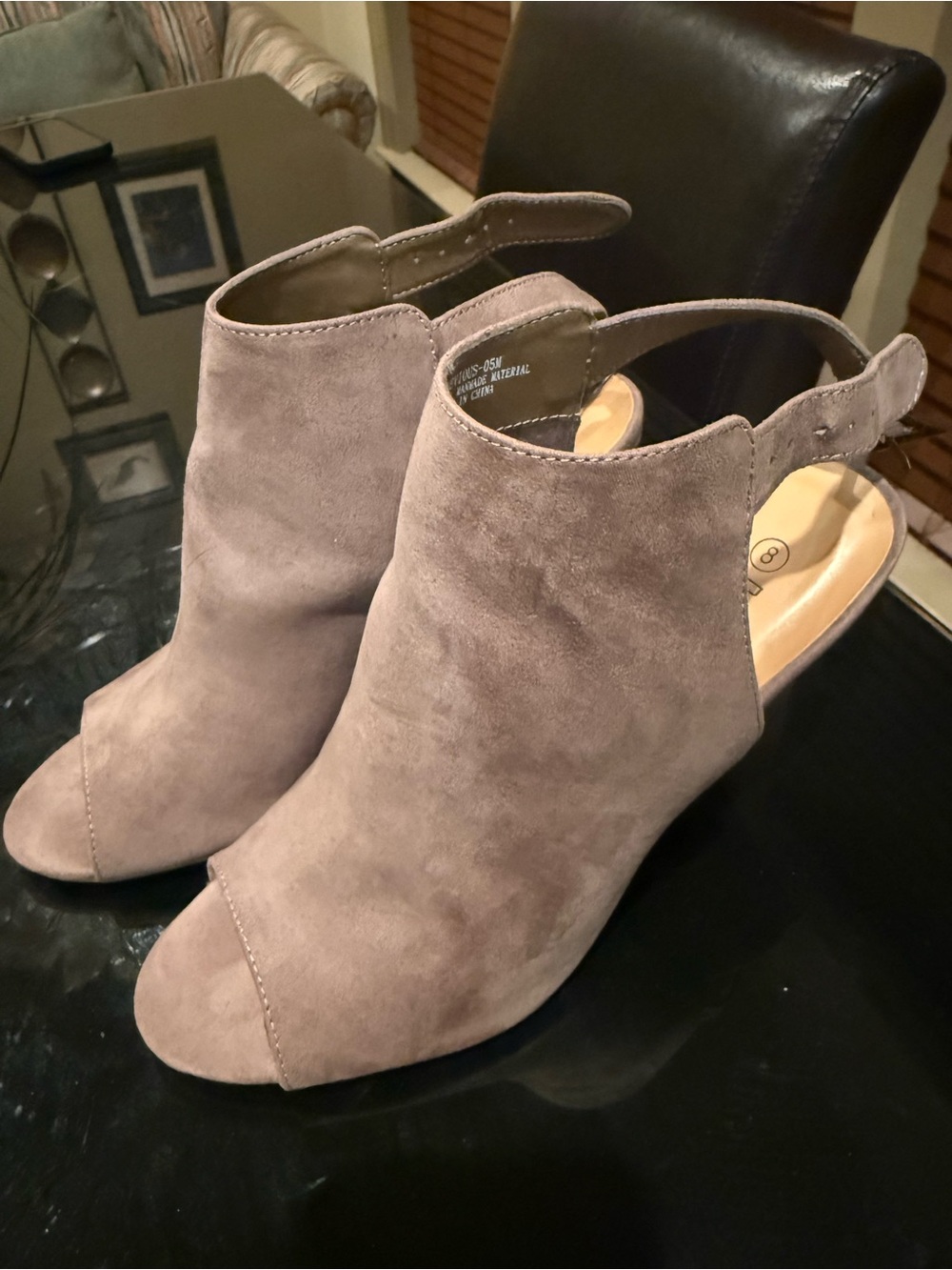 Rouge! Taupe Suede Open-Toe Slingback Mules